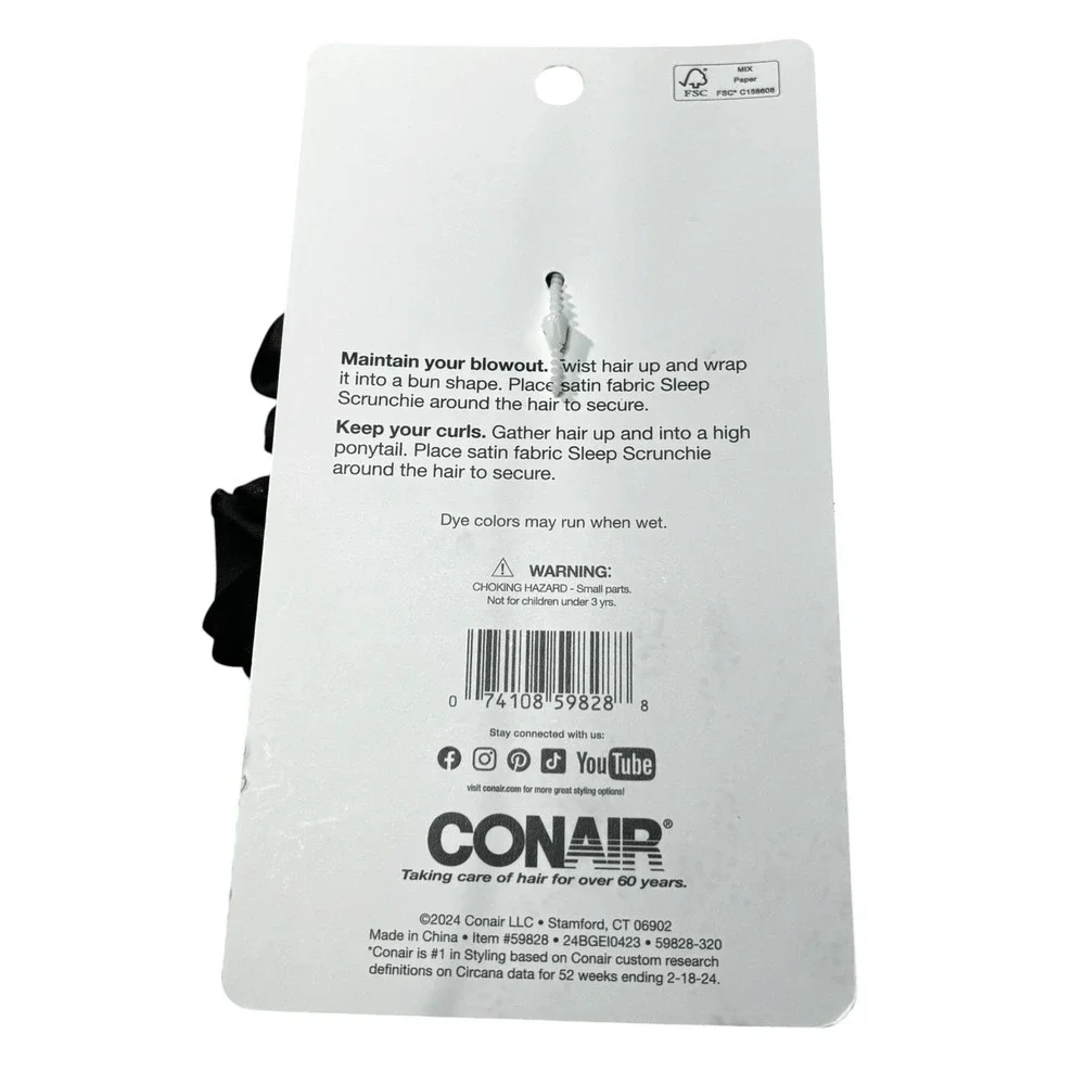 Conair Sleep Scrunchie Black Satin Hair Tie #grwm 59828 Blowout Protector
